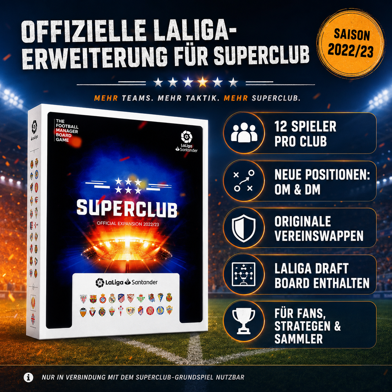 Superclub LaLiga Santander Erweiterung 2022/23 Brettspiel 240 Spielerkarten mit Draft Board zweisprachig Englisch Spanisch offiziell lizenziert kompatibel Fußball Manager