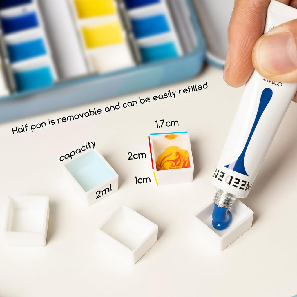 Aquarellkasten Metall leer mit Palette und Wasserpinsel 24 Mischfächer Emaille Malkasten für Aquarellfarben Gouache Nasspaletten mobil