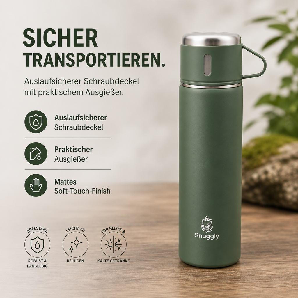 Snuggly Thermosflasche 500 ml Edelstahl doppelwandig mit 3 Bechern, 12h warm & kalt, auslaufsicher, Soft-Touch
