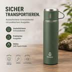 Snuggly Thermosflasche 500 ml Edelstahl doppelwandig mit 3 Bechern, 12h warm & kalt, auslaufsicher, Soft-Touch