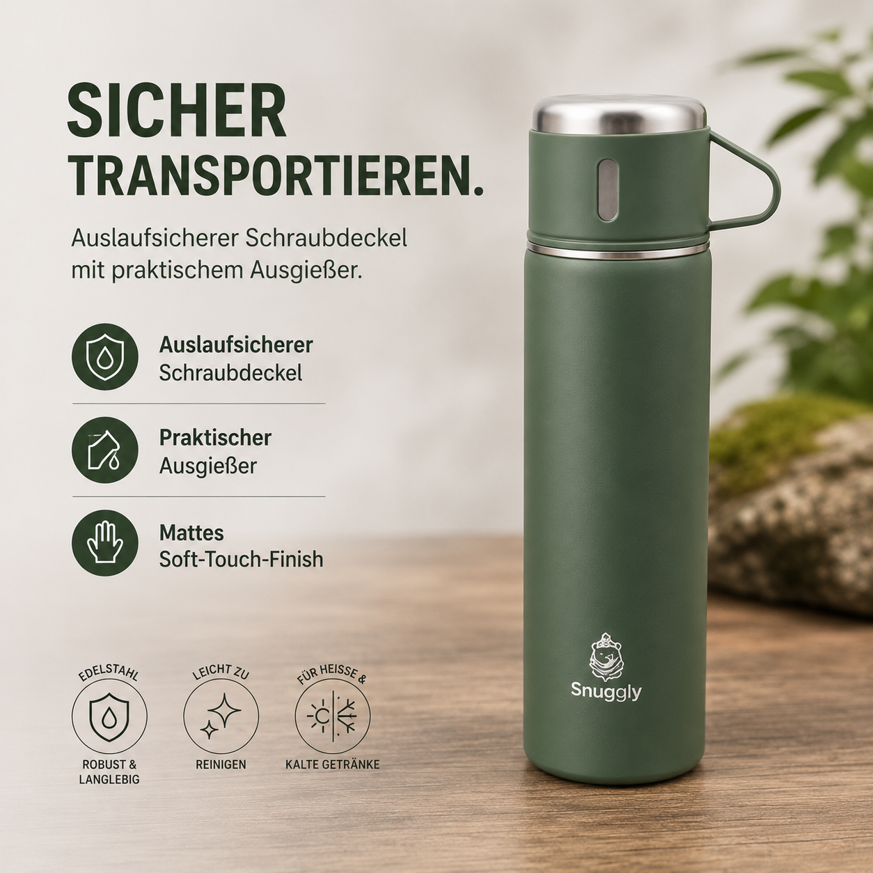Snuggly Thermosflasche 500 ml Edelstahl doppelwandig mit 3 Bechern, 12h warm & kalt, auslaufsicher, Soft-Touch