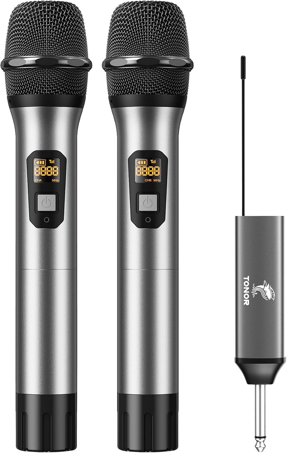 Tonor UHF TW-630 Kabelloses Mikrofon-Set, Dual Funkmikrofon mit 2 dynamischen Handmikrofonen, wiederaufladbarem Empfänger, 60 m Reichweite, 5 Kanäle, Metallgehäuse für Karaoke, DJ, Party und Bühne