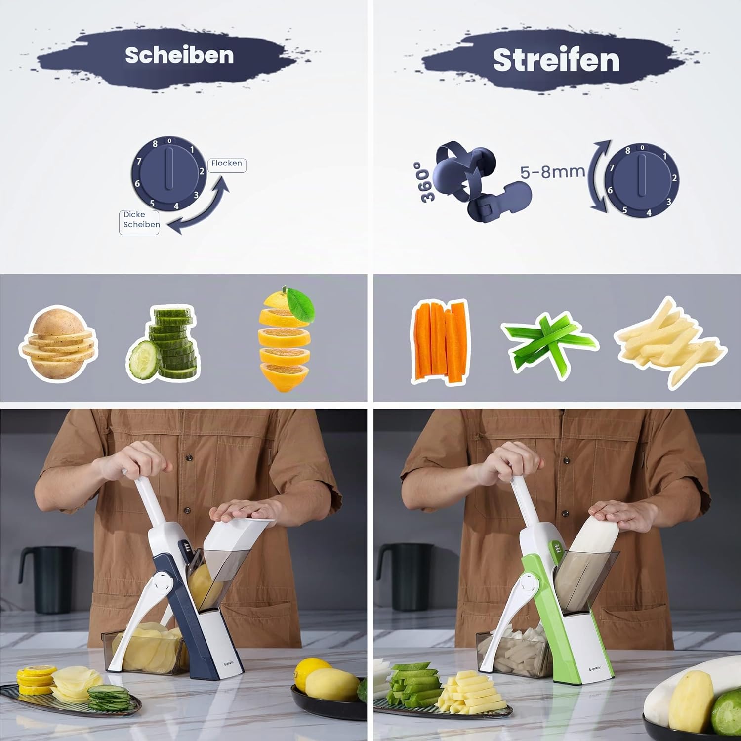 SupMakin Gemüseschneider Mandoline Hobel mit 4 Schneidmodi verstellbar 0,1-8 mm Edelstahlklinge inklusive Auffangbehälter und Reinigungsbürste