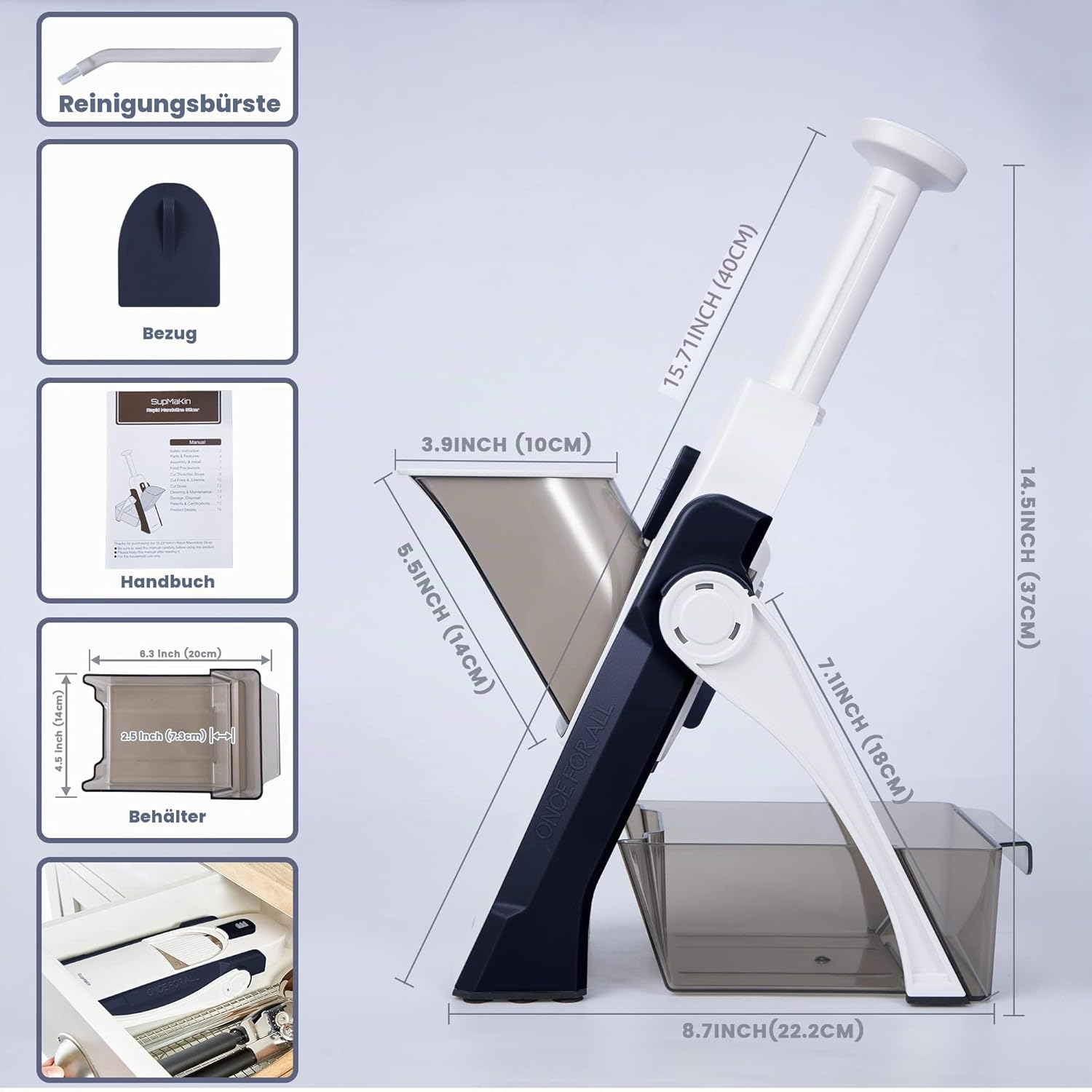 SupMakin Gemüseschneider Mandoline Hobel mit 4 Schneidmodi verstellbar 0,1-8 mm Edelstahlklinge inklusive Auffangbehälter und Reinigungsbürste
