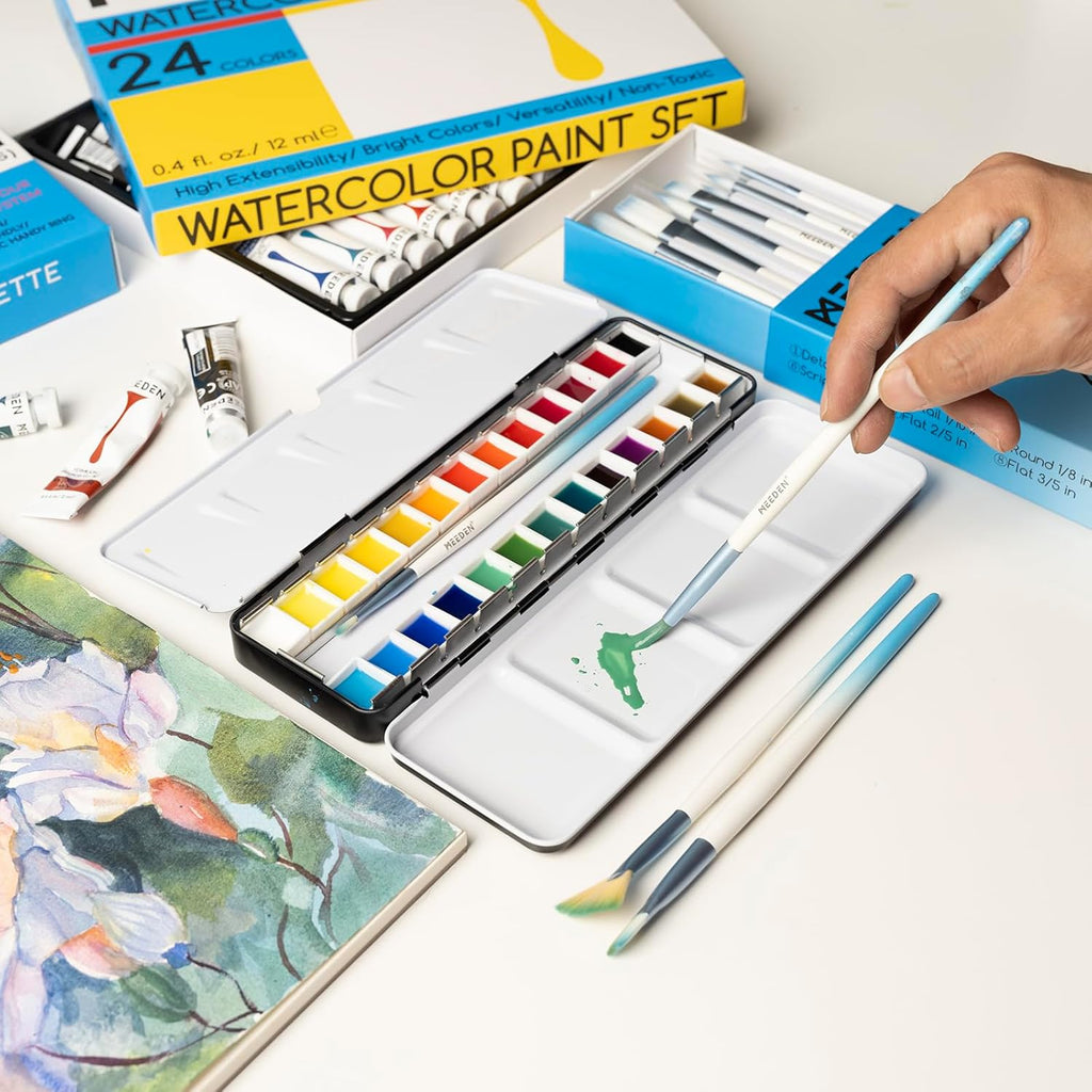 MEEDEN Aquarellkasten Leer Metall Tuschkasten mit 26 Halbnäpfchen Mischpalette Reise Aquarell Gouache