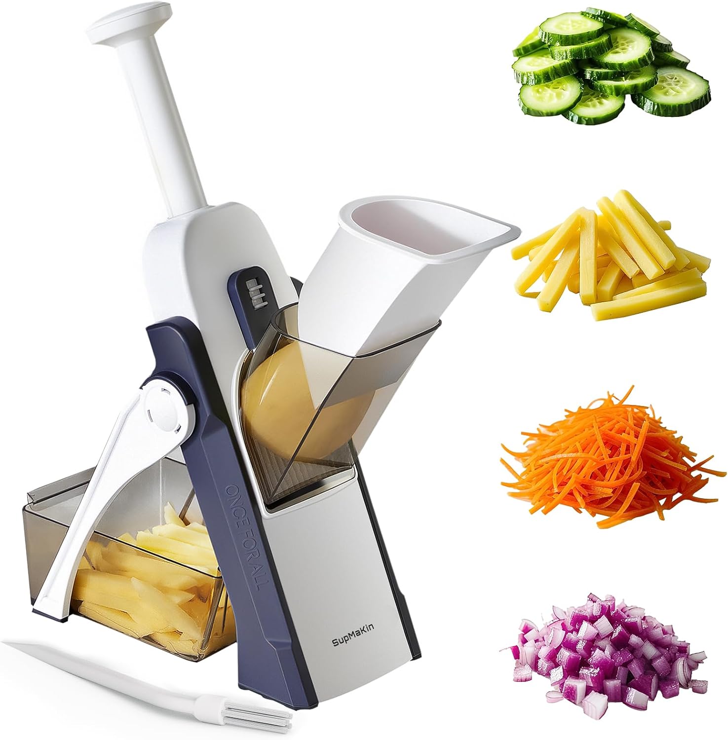 SupMakin Gemüseschneider Mandoline Hobel mit 4 Schneidmodi verstellbar 0,1-8 mm Edelstahlklinge inklusive Auffangbehälter und Reinigungsbürste