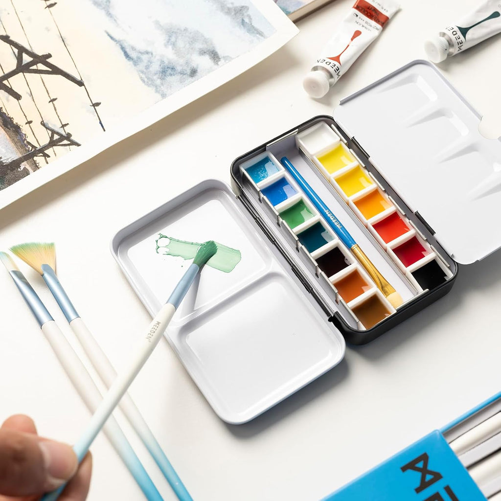 MEEDEN Aquarell Blechdose leer mit 12 Halbnäpfen Reisepalette zum Selbstbefüllen Metall Emaille 5 Mischflächen kompakt für Plein-air und Atelier