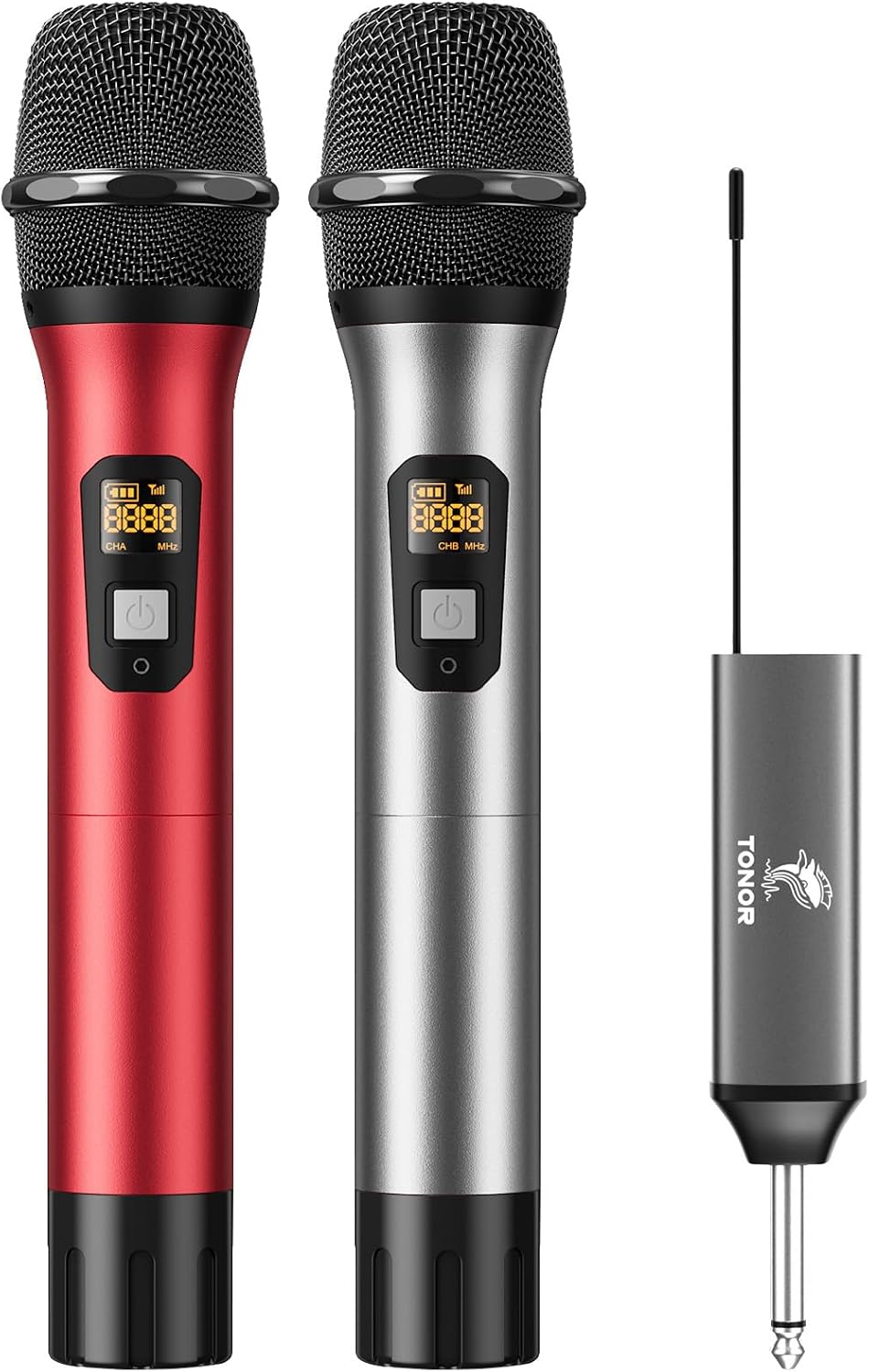 Tonor UHF TW-630 Kabelloses Mikrofon-Set, Dual Funkmikrofon mit 2 dynamischen Handmikrofonen, wiederaufladbarem Empfänger, 60 m Reichweite, 5 Kanäle, Metallgehäuse für Karaoke, DJ, Party und Bühne