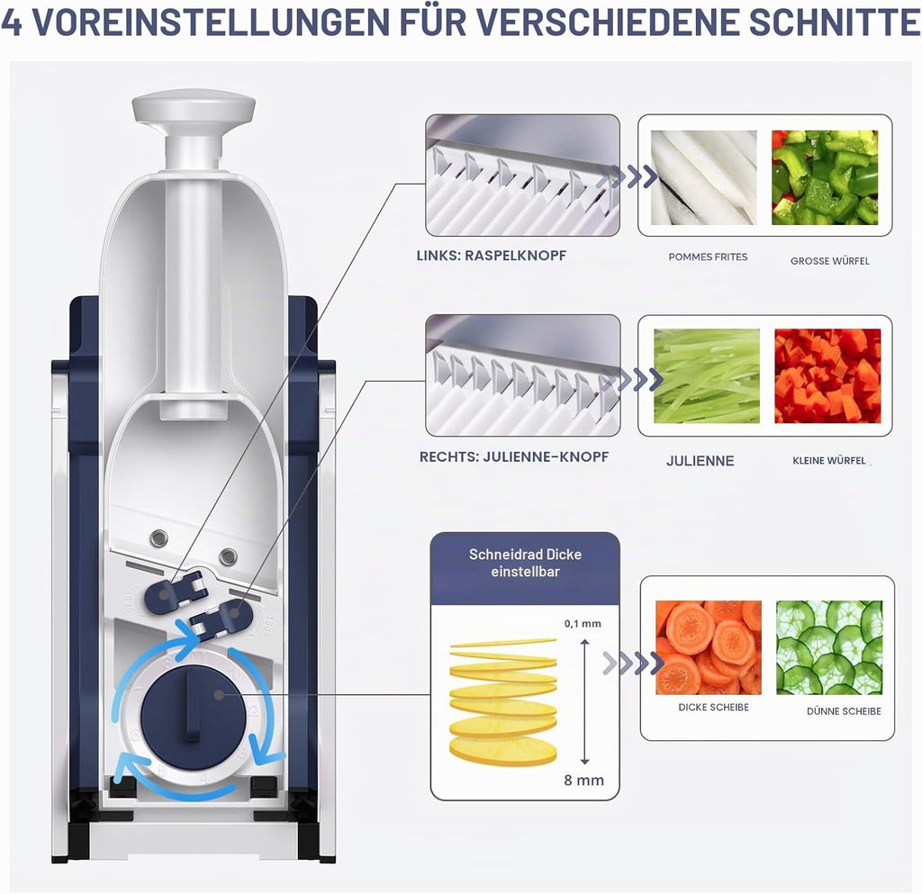 SupMakin Gemüseschneider Mandoline Hobel mit 4 Schneidmodi verstellbar 0,1-8 mm Edelstahlklinge inklusive Auffangbehälter und Reinigungsbürste