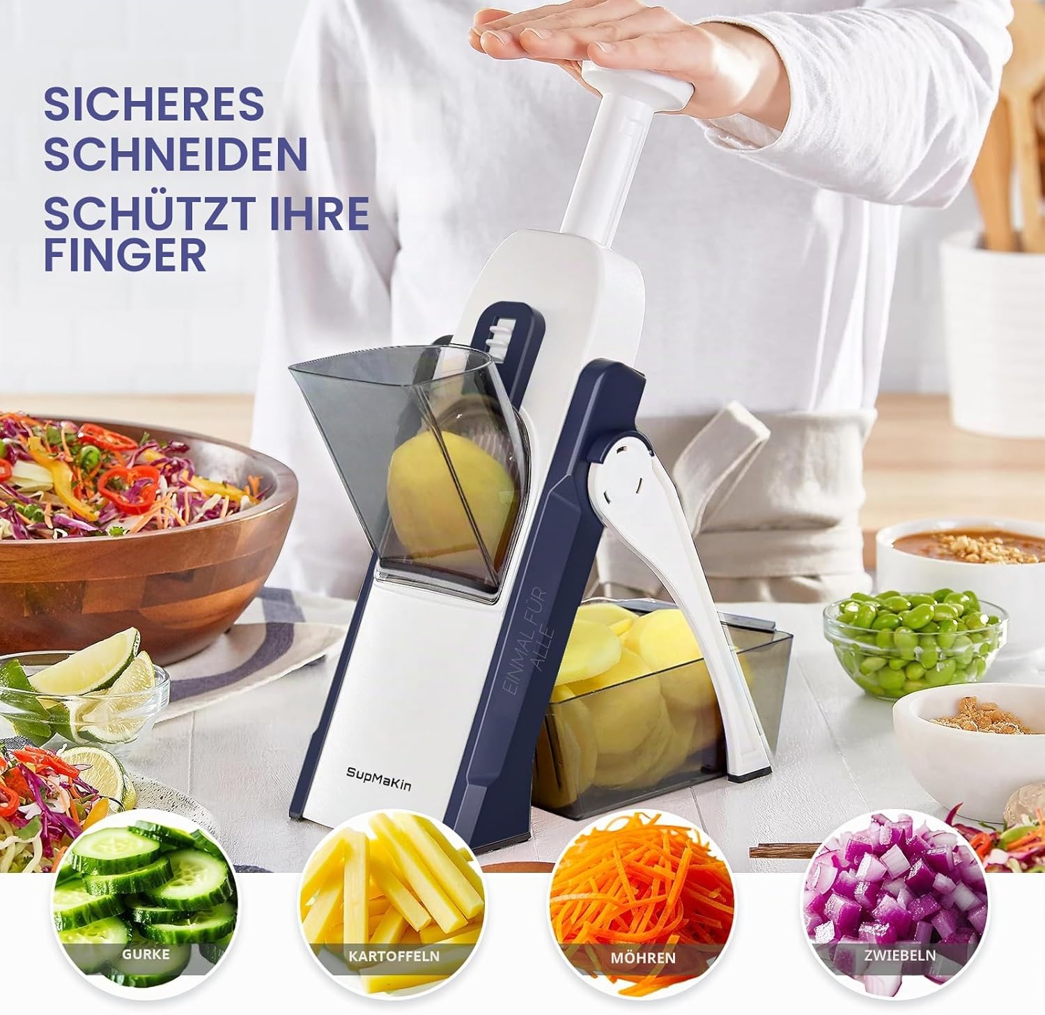 SupMakin Gemüseschneider Mandoline Hobel mit 4 Schneidmodi verstellbar 0,1-8 mm Edelstahlklinge inklusive Auffangbehälter und Reinigungsbürste