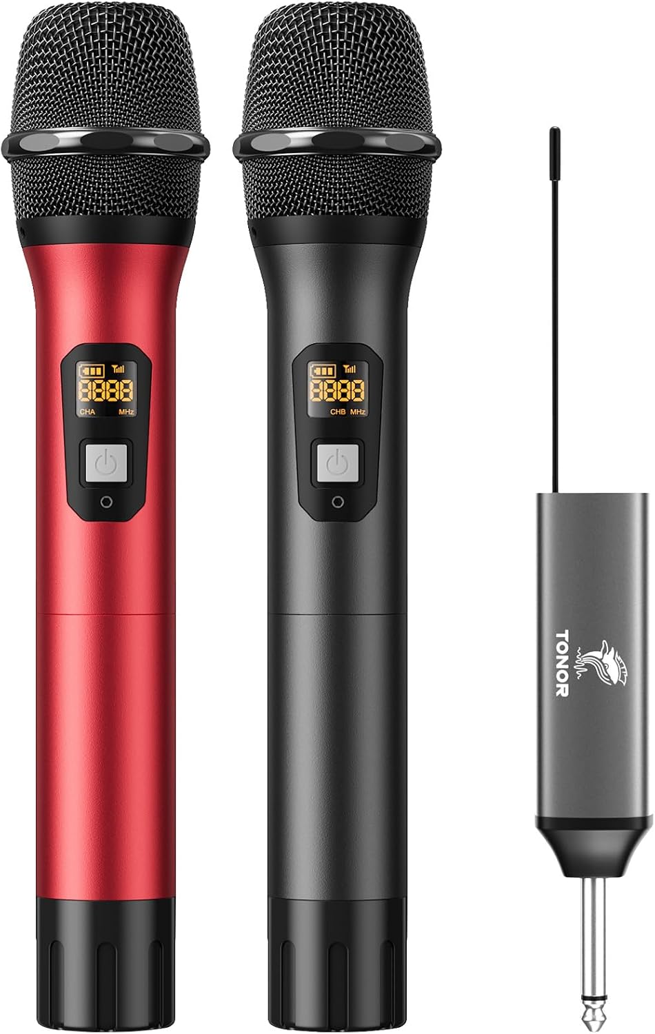 Tonor UHF TW-630 Kabelloses Mikrofon-Set, Dual Funkmikrofon mit 2 dynamischen Handmikrofonen, wiederaufladbarem Empfänger, 60 m Reichweite, 5 Kanäle, Metallgehäuse für Karaoke, DJ, Party und Bühne