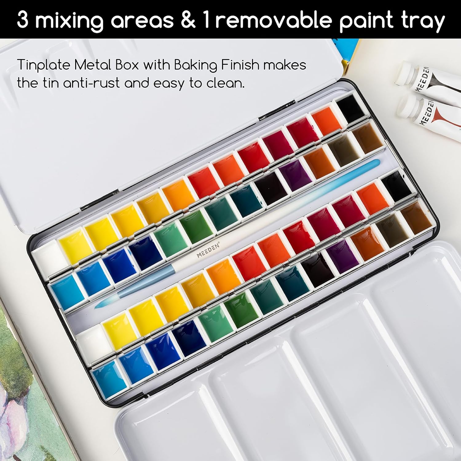 Aquarellkasten Metall leer mit Palette und Wasserpinsel 24 Mischfächer Emaille Malkasten für Aquarellfarben Gouache Nasspaletten mobil