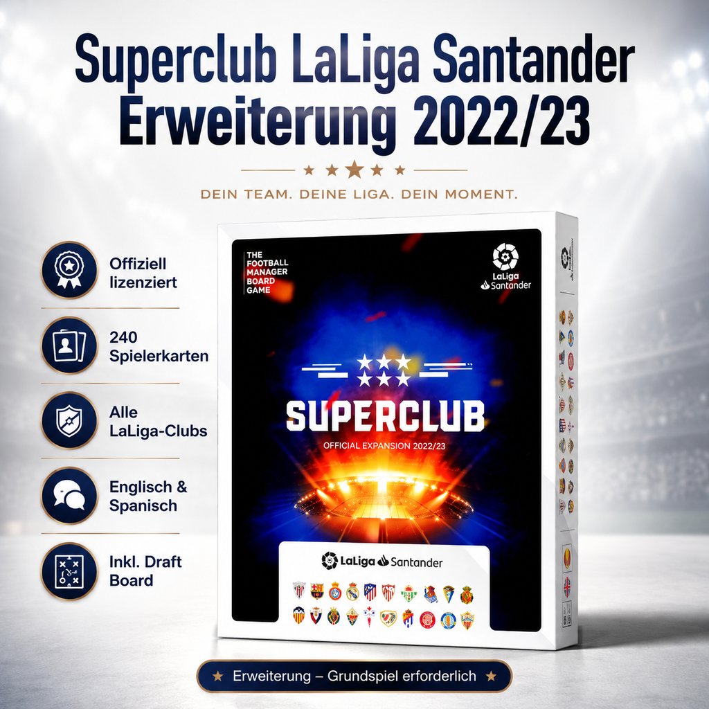 Superclub LaLiga Santander Erweiterung 2022/23 Brettspiel 240 Spielerkarten mit Draft Board zweisprachig Englisch Spanisch offiziell lizenziert kompatibel Fußball Manager