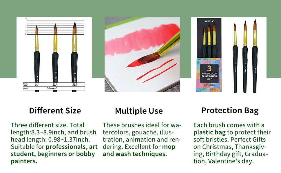 MEEDEN Mop Pinselset 3-teilig Aquarellpinsel Nylonhaar für Wash Techniken Gouache Illustration ergonomischer Griff