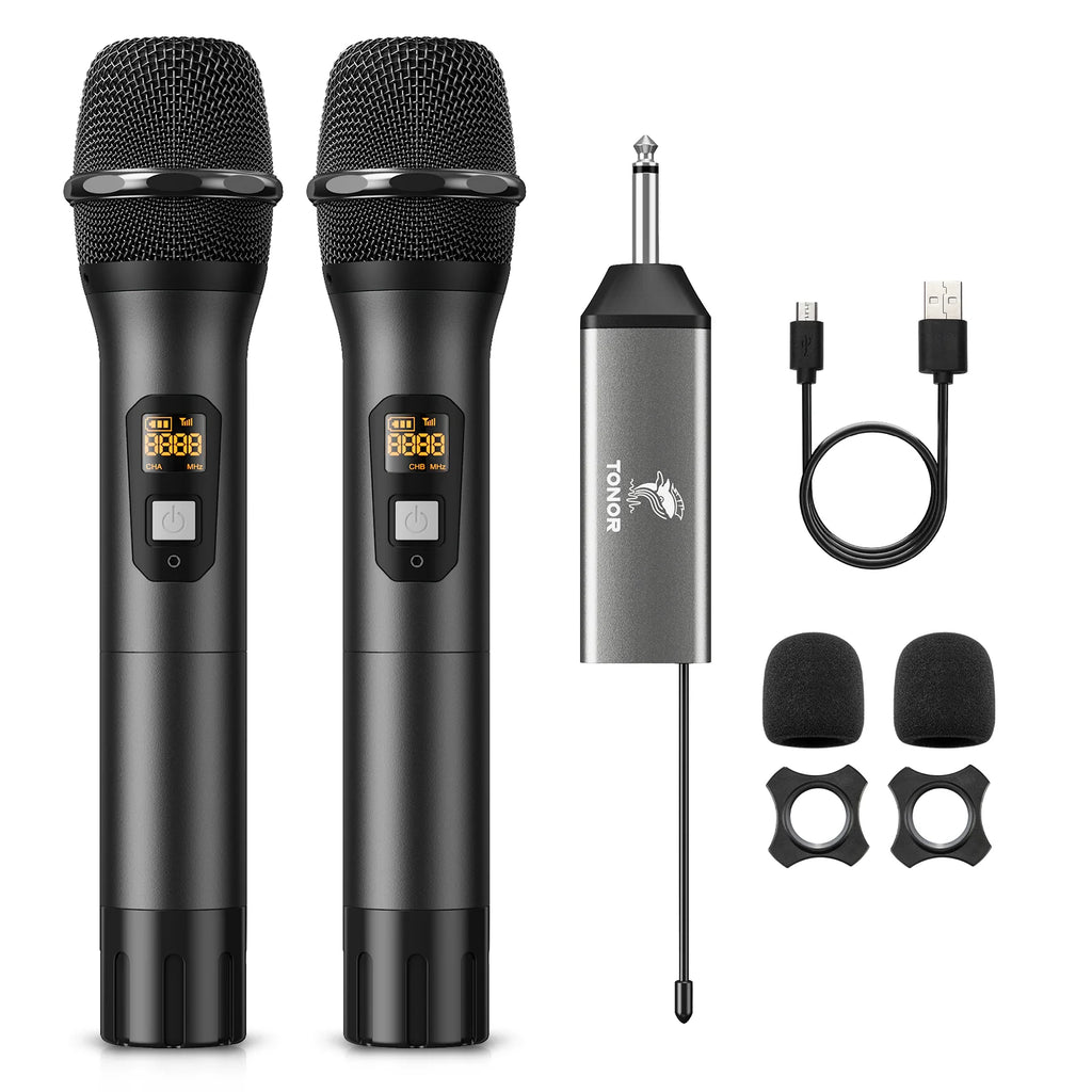 Tonor UHF TW-630 Kabelloses Mikrofon-Set, Dual Funkmikrofon mit 2 dynamischen Handmikrofonen, wiederaufladbarem Empfänger, 60 m Reichweite, 5 Kanäle, Metallgehäuse für Karaoke, DJ, Party und Bühne