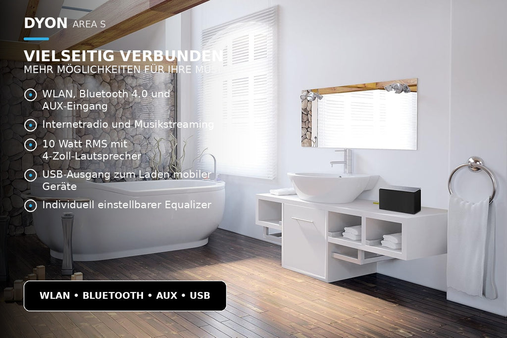 DYON Area S Multiroom Lautsprecher WLAN Bluetooth mit App Steuerung, 10 W RMS Akku Speaker für Spotify TuneIn Internetradio, kabellos für Innen und Außen