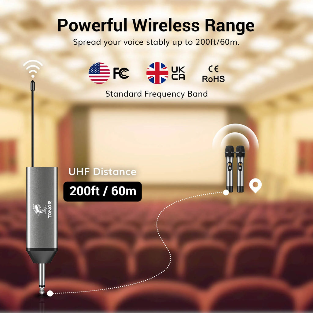 Tonor UHF TW-630 Kabelloses Mikrofon-Set, Dual Funkmikrofon mit 2 dynamischen Handmikrofonen, wiederaufladbarem Empfänger, 60 m Reichweite, 5 Kanäle, Metallgehäuse für Karaoke, DJ, Party und Bühne