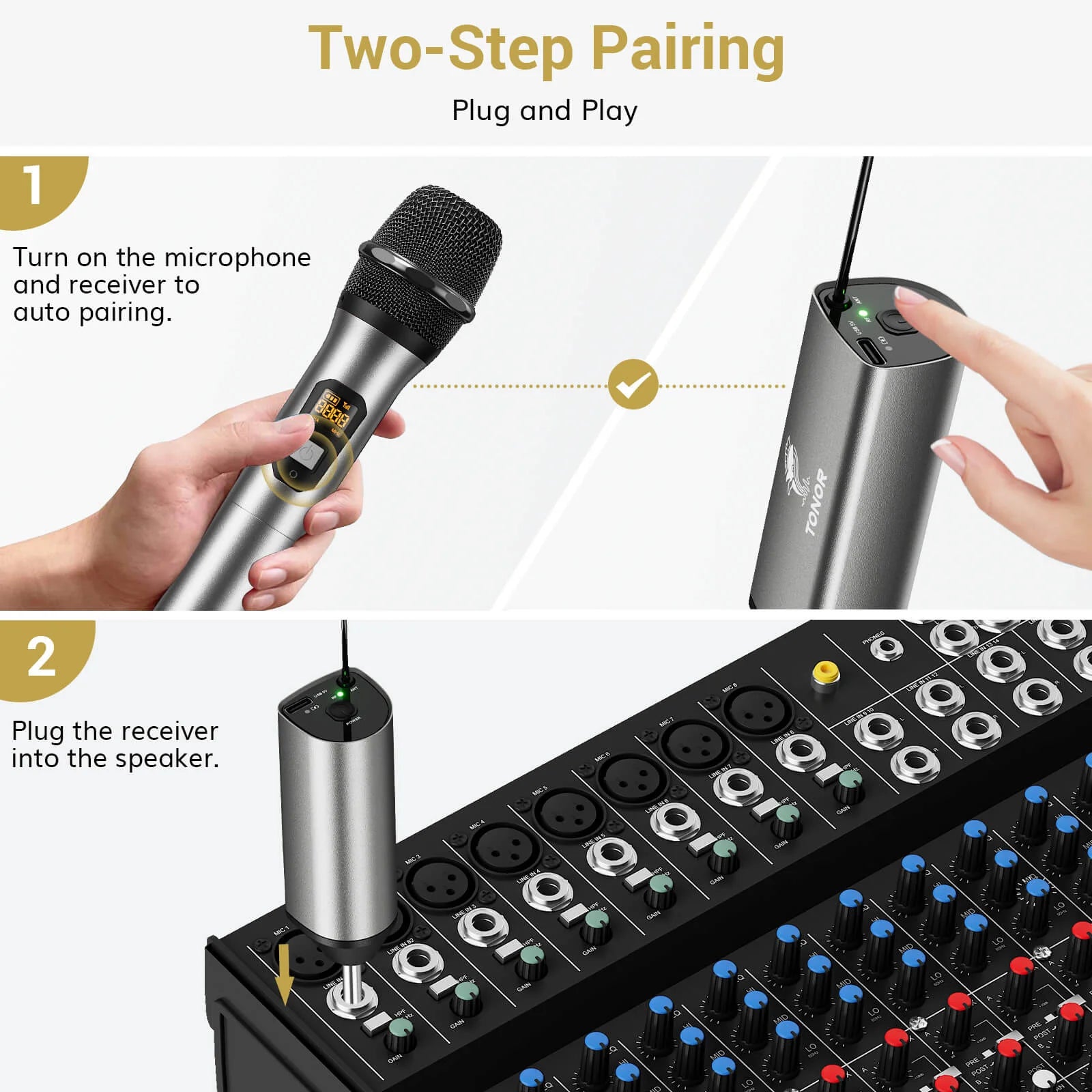 Tonor UHF TW-630 Kabelloses Mikrofon-Set, Dual Funkmikrofon mit 2 dynamischen Handmikrofonen, wiederaufladbarem Empfänger, 60 m Reichweite, 5 Kanäle, Metallgehäuse für Karaoke, DJ, Party und Bühne