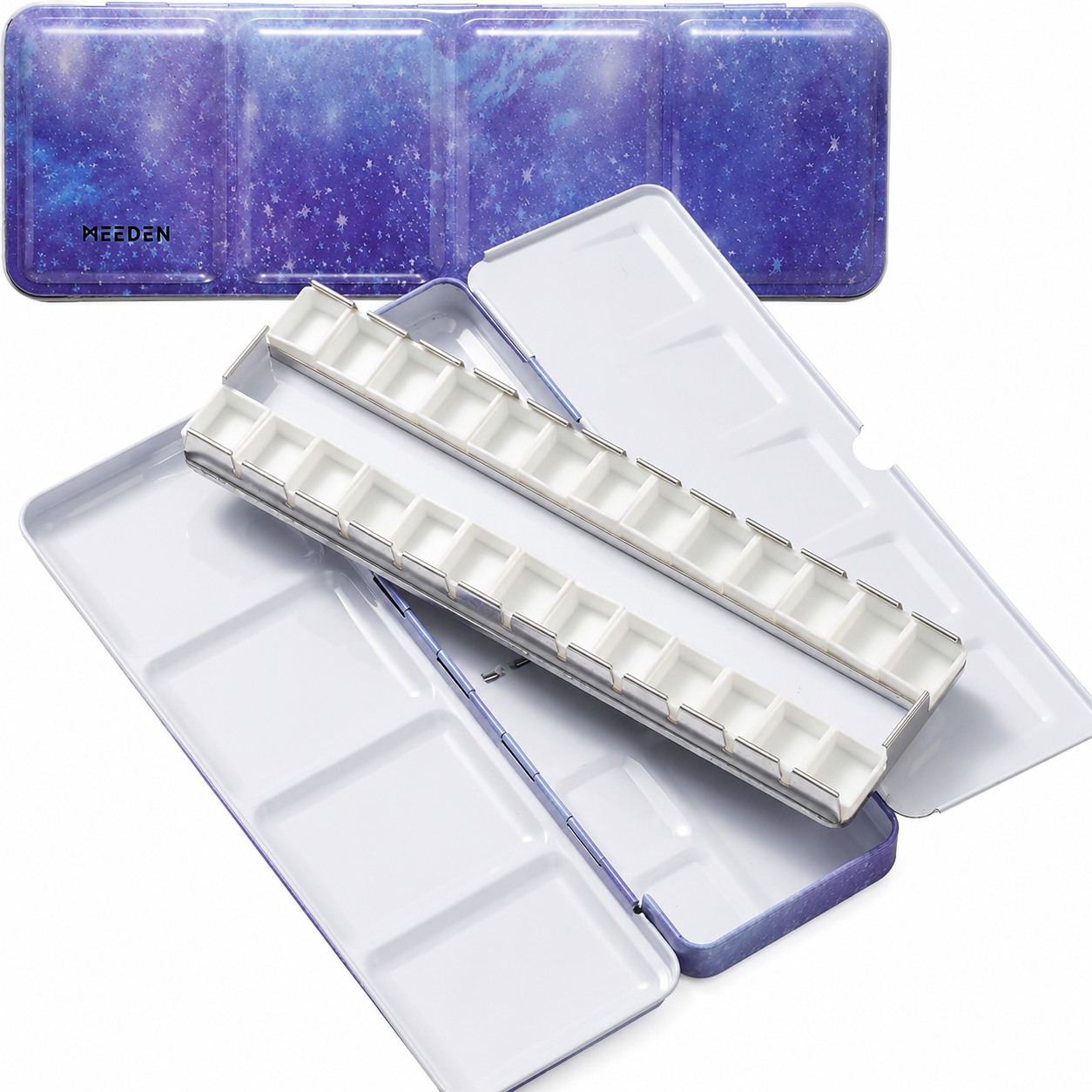 Aquarellkasten Metall leer mit Palette und Wasserpinsel 24 Mischfächer Emaille Malkasten für Aquarellfarben Gouache Nasspaletten mobil
