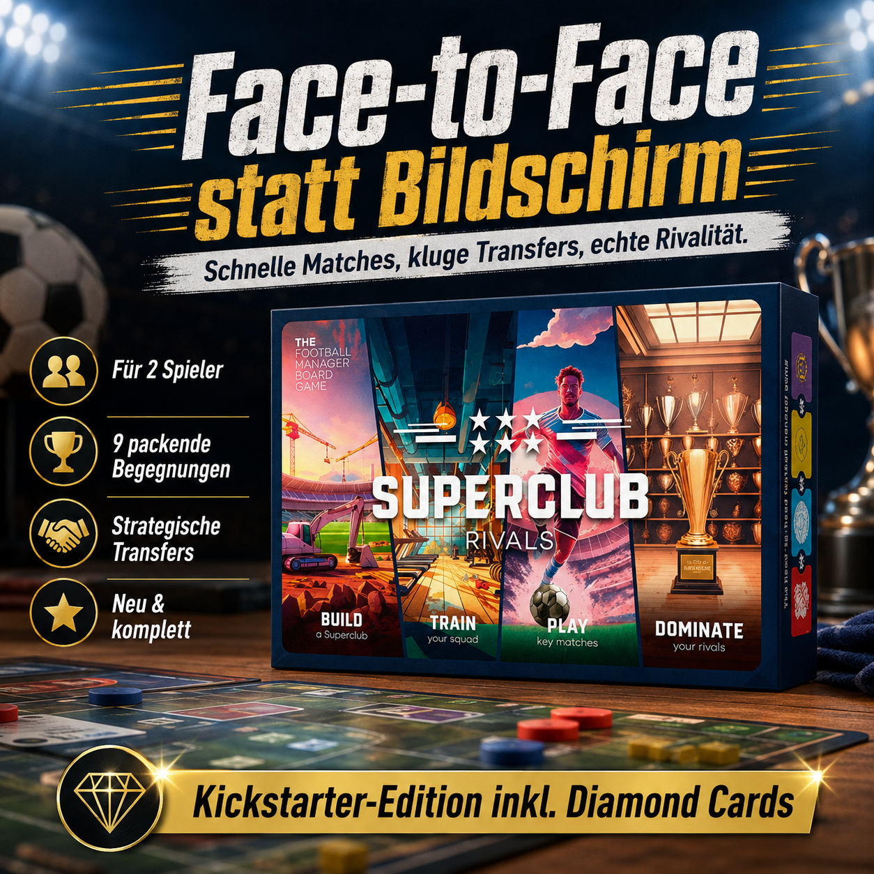Superclub Rivals Fussball Manager Brettspiel für 2 Spieler Kickstarter Edition inkl Diamond Cards Strategiespiel Kartenspiel
