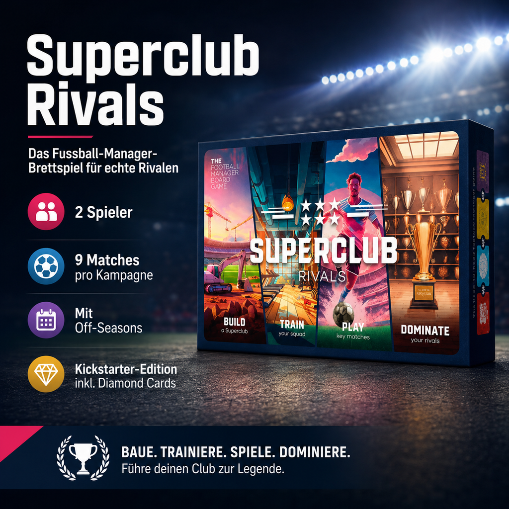 Superclub Rivals Fussball Manager Brettspiel für 2 Spieler Kickstarter Edition inkl Diamond Cards Strategiespiel Kartenspiel