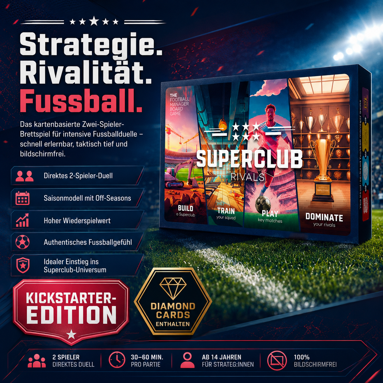 Superclub Rivals Fussball Manager Brettspiel für 2 Spieler Kickstarter Edition inkl Diamond Cards Strategiespiel Kartenspiel