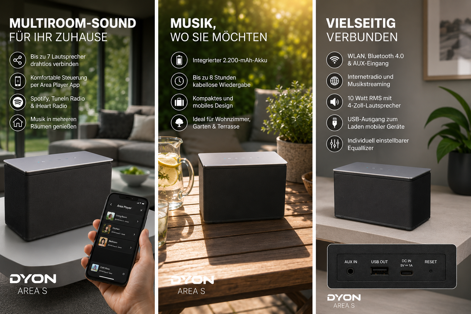 DYON Area S Multiroom Lautsprecher WLAN Bluetooth mit App Steuerung, 10 W RMS Akku Speaker für Spotify TuneIn Internetradio, kabellos für Innen und Außen