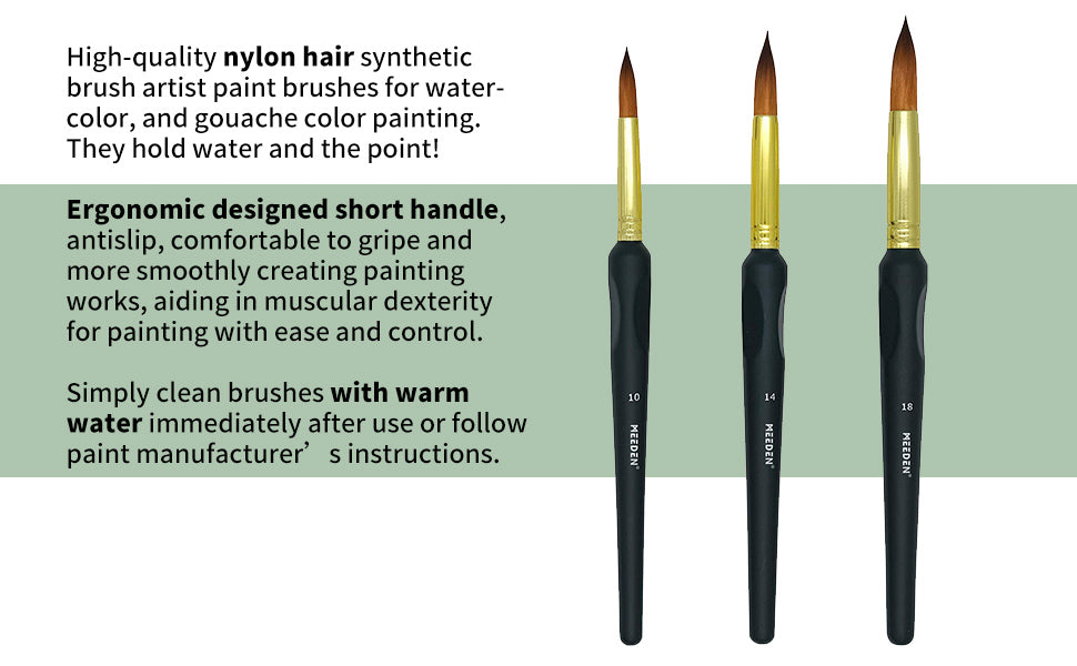 MEEDEN Mop Pinselset 3-teilig Aquarellpinsel Nylonhaar für Wash Techniken Gouache Illustration ergonomischer Griff