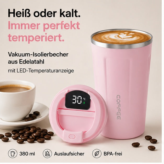 Thermobecher Edelstahl 380 ml mit LED Temperaturanzeige auslaufsicher doppelwandig Vakuum isoliert Coffee to go Becher BPA frei für Büro Auto unterwegs