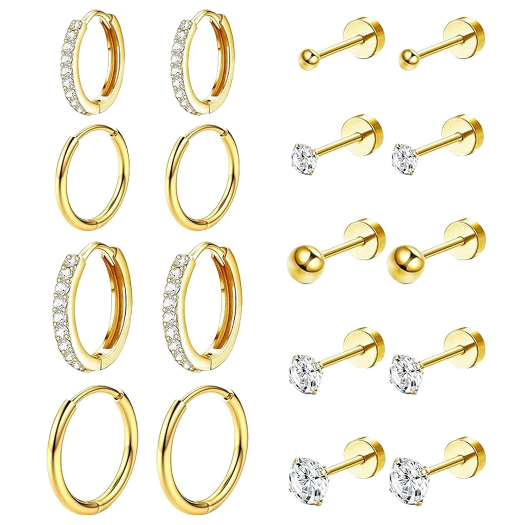 Ohrringe Set Gold 9 Paar Edelstahl Creolen Ohrstecker mit Zirkonia hautverträglich für Damen Alltag Beruf festliche Anlässe Geschenk