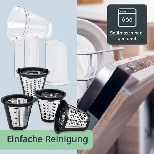 ADE Elektrische Multireibe KA1802 mit 4 Reibeeinsätzen 200 W Küchenreibe zum Reiben Raspeln Hobeln für Gemüse Käse Nüsse spülmaschinenfest Edelstahl