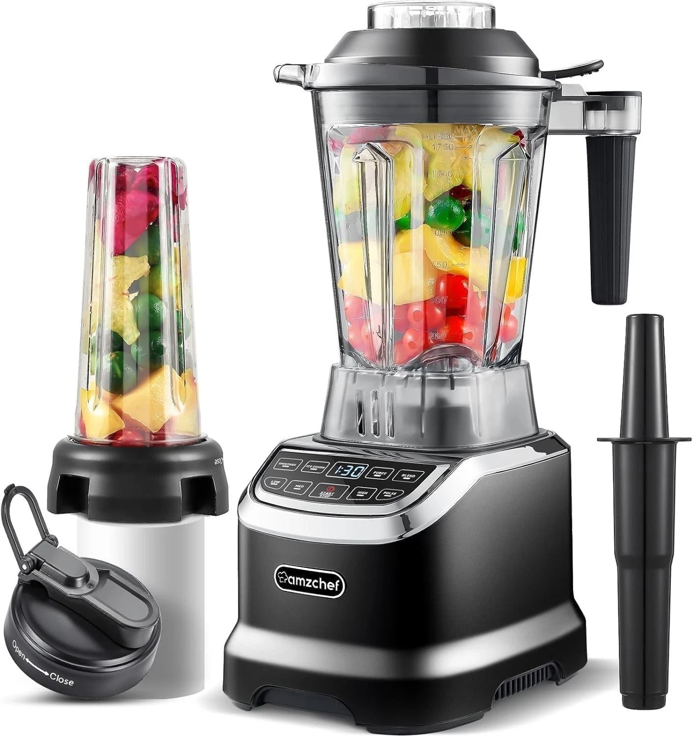 Standmixer 2000 W Amzchef ZM5003 Hochleistungsmixer mit 1,85 L Behälter und 600 ml Mixflasche, 6 Edelstahlklingen, 22.000 U/min, 4 Programme, BPA frei, LED Display