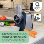 ADE Elektrische Multireibe KA1802 mit 4 Reibeeinsätzen 200 W Küchenreibe zum Reiben Raspeln Hobeln für Gemüse Käse Nüsse spülmaschinenfest Edelstahl