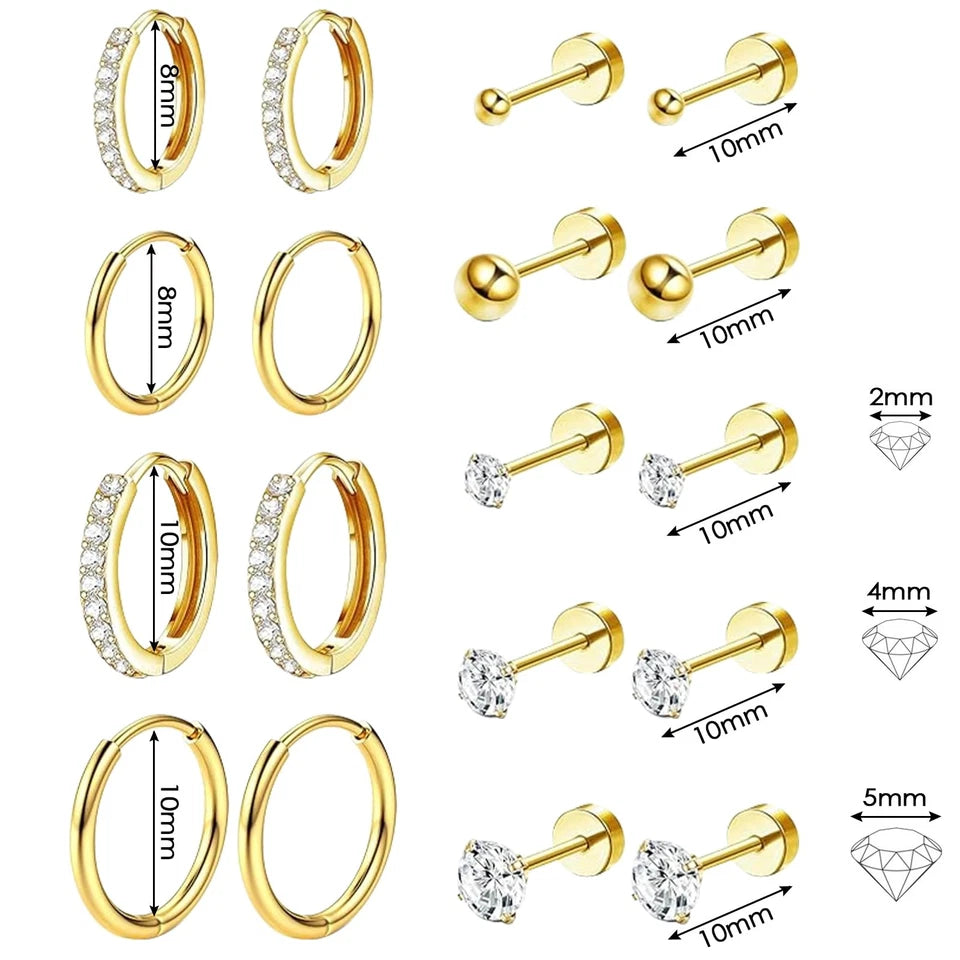 Ohrringe Set Gold 9 Paar Edelstahl Creolen Ohrstecker mit Zirkonia hautverträglich für Damen Alltag Beruf festliche Anlässe Geschenk