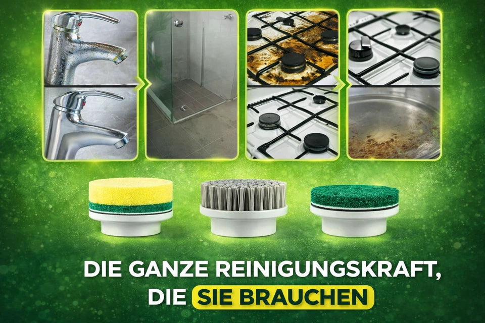 Elektrische Reinigungsbürste Akku kabellos für Bad Küche Auto, Power Spin Scrubber mit 3 Aufsätzen, IPX5 wasserdicht, USB-C, bis 45 Min Laufzeit