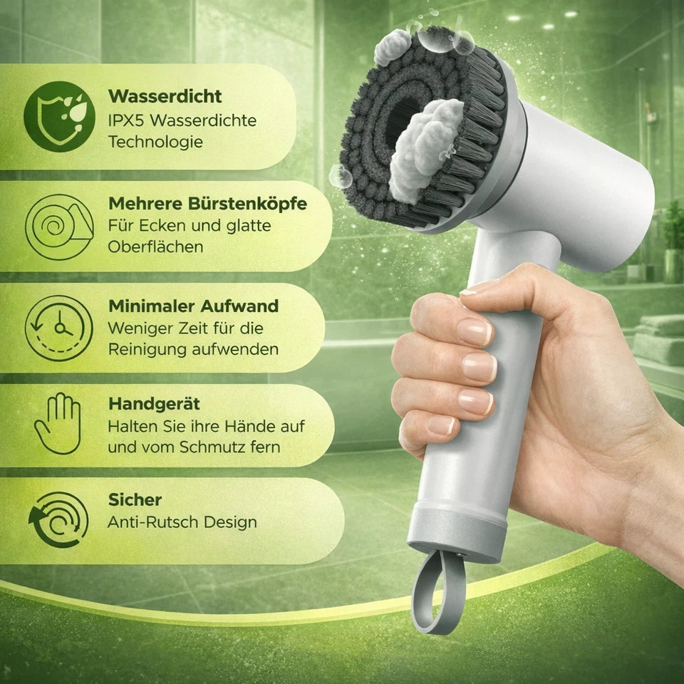 Elektrische Reinigungsbürste Akku kabellos für Bad Küche Auto, Power Spin Scrubber mit 3 Aufsätzen, IPX5 wasserdicht, USB-C, bis 45 Min Laufzeit