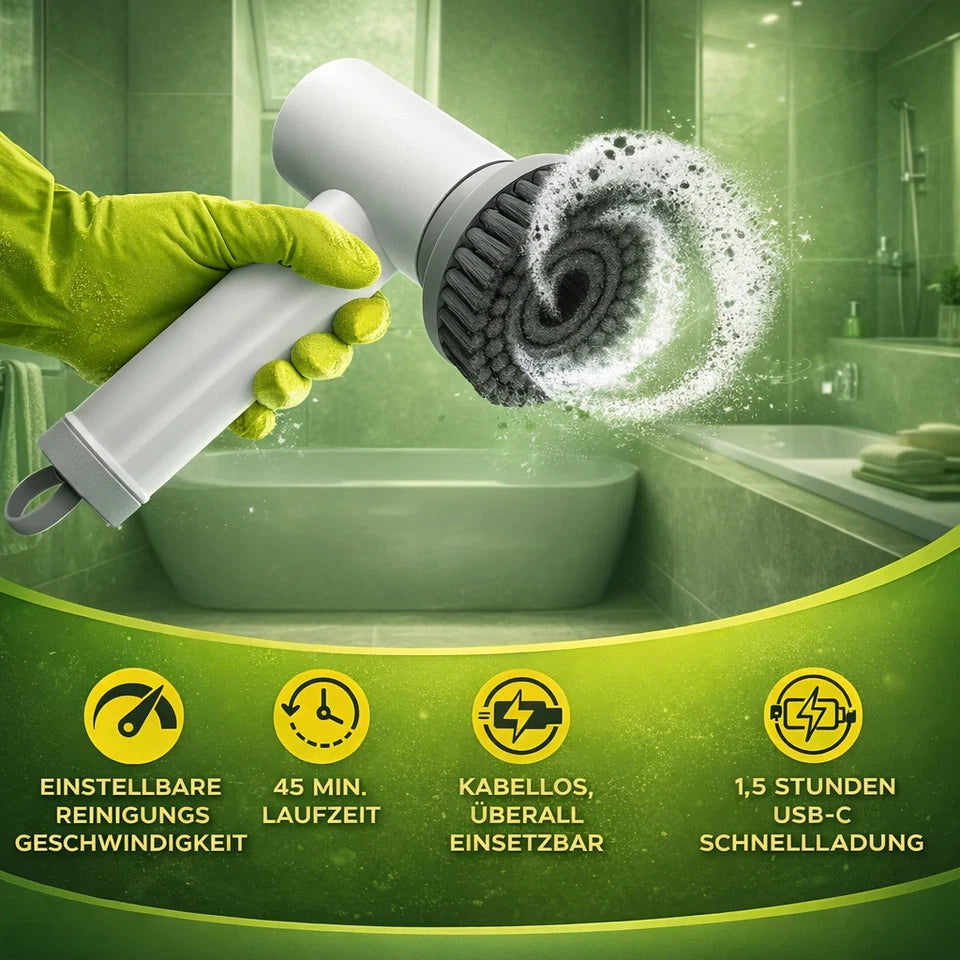Elektrische Reinigungsbürste Akku kabellos für Bad Küche Auto, Power Spin Scrubber mit 3 Aufsätzen, IPX5 wasserdicht, USB-C, bis 45 Min Laufzeit