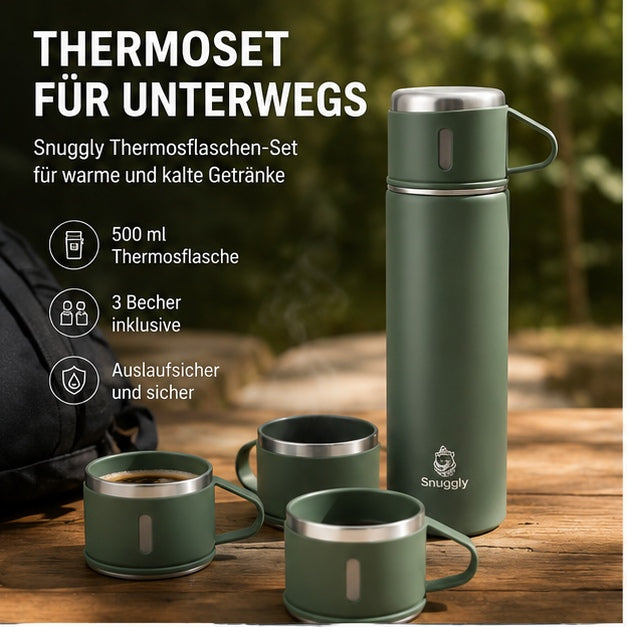 Snuggly Thermosflasche 500 ml Edelstahl doppelwandig mit 3 Bechern, 12h warm & kalt, auslaufsicher, Soft-Touch