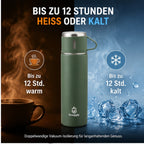 Snuggly Thermosflasche 500 ml Edelstahl doppelwandig mit 3 Bechern, 12h warm & kalt, auslaufsicher, Soft-Touch