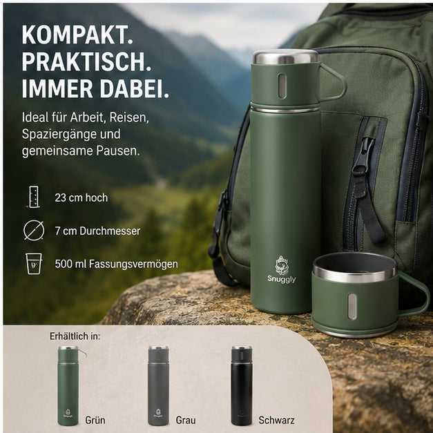 Snuggly Thermosflasche 500 ml Edelstahl doppelwandig mit 3 Bechern, 12h warm & kalt, auslaufsicher, Soft-Touch